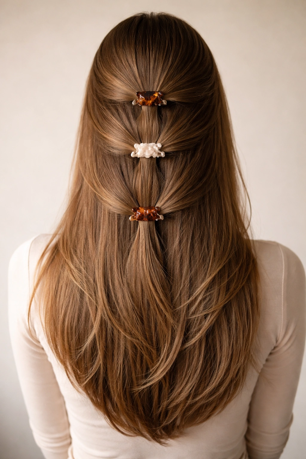 Back view of long straight hair with multiple claw clips creating feathered layers