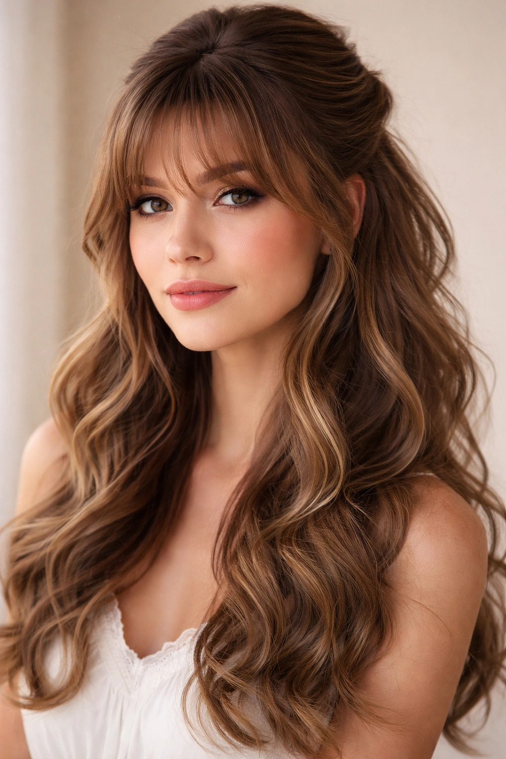Close-up of a hairstyle with loose curls half-up and feathered bangs