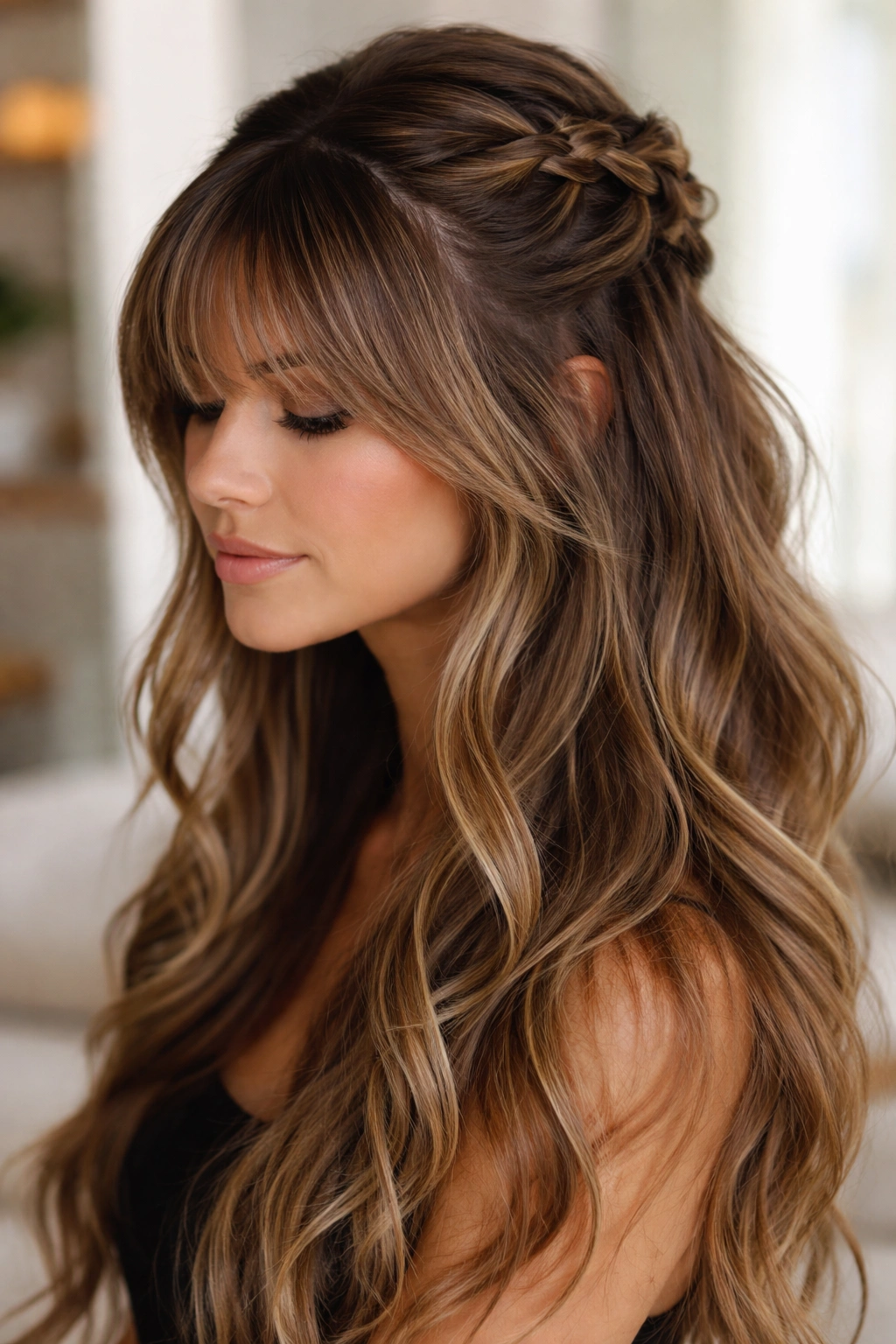 Feathered bangs with a Dutch braid half-up showing bold texture in studio light