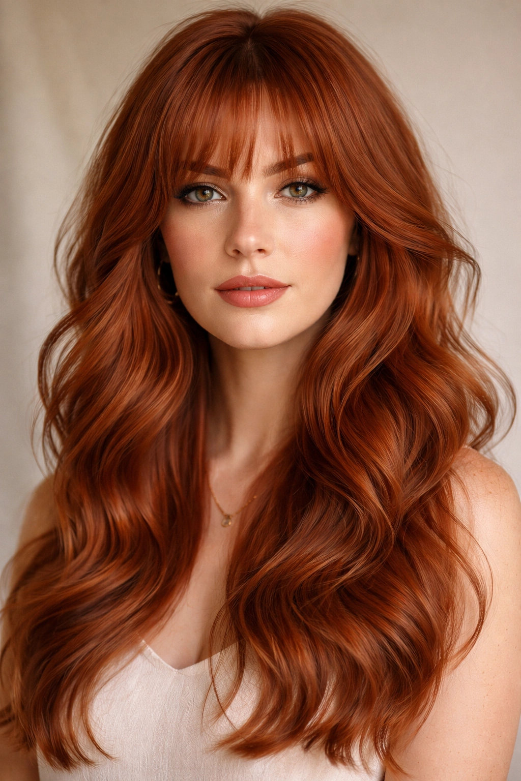 Feathered bangs with flowing waves in red hair