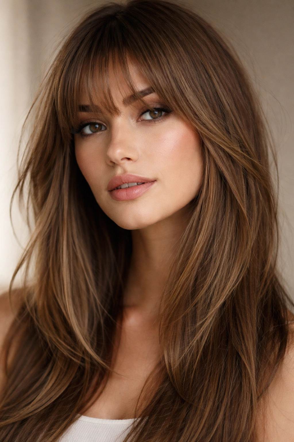 Close-up of feathered bangs with layered texture on straight hair.