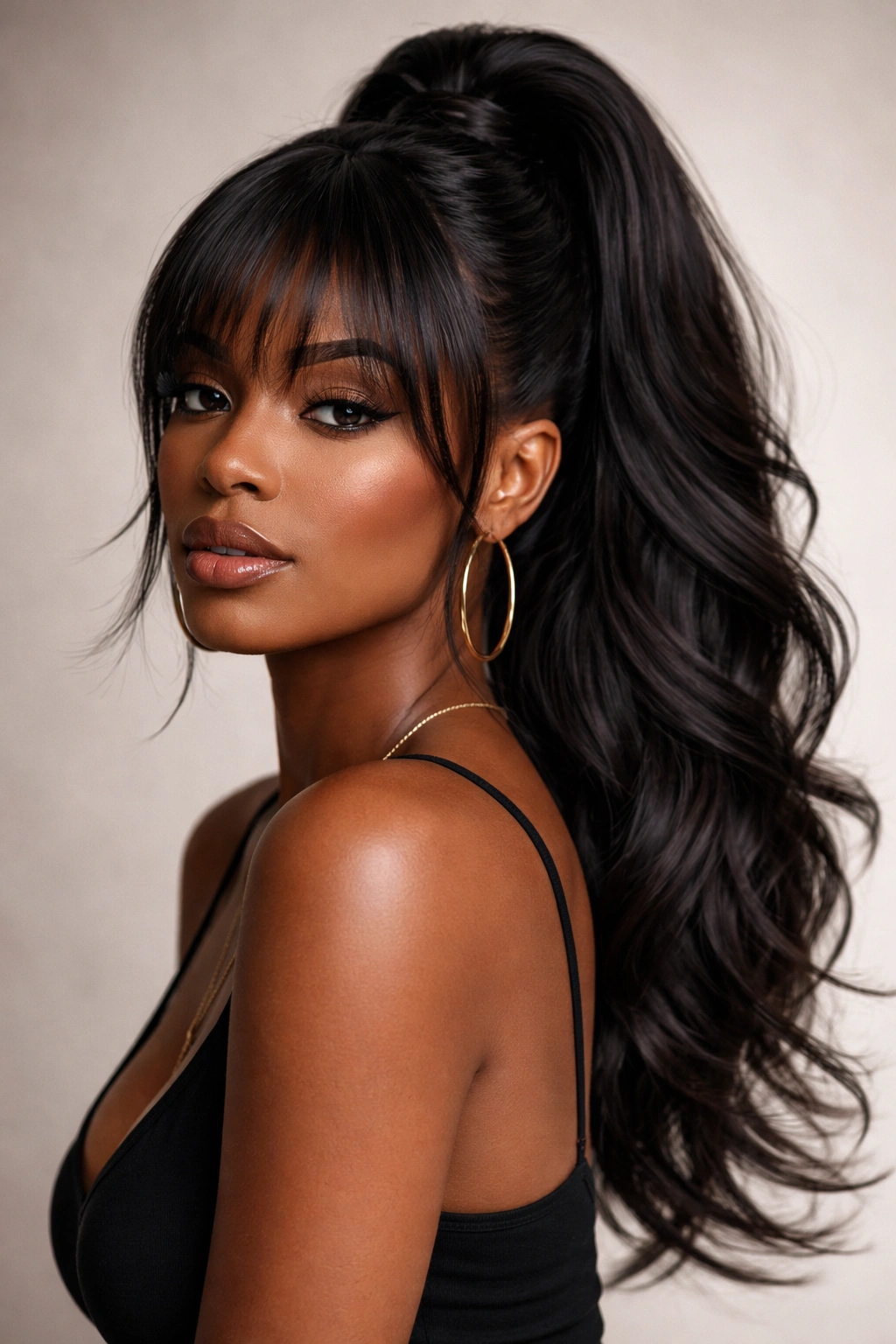 Feathered bangs with layered weave ponytail in a studio portrait