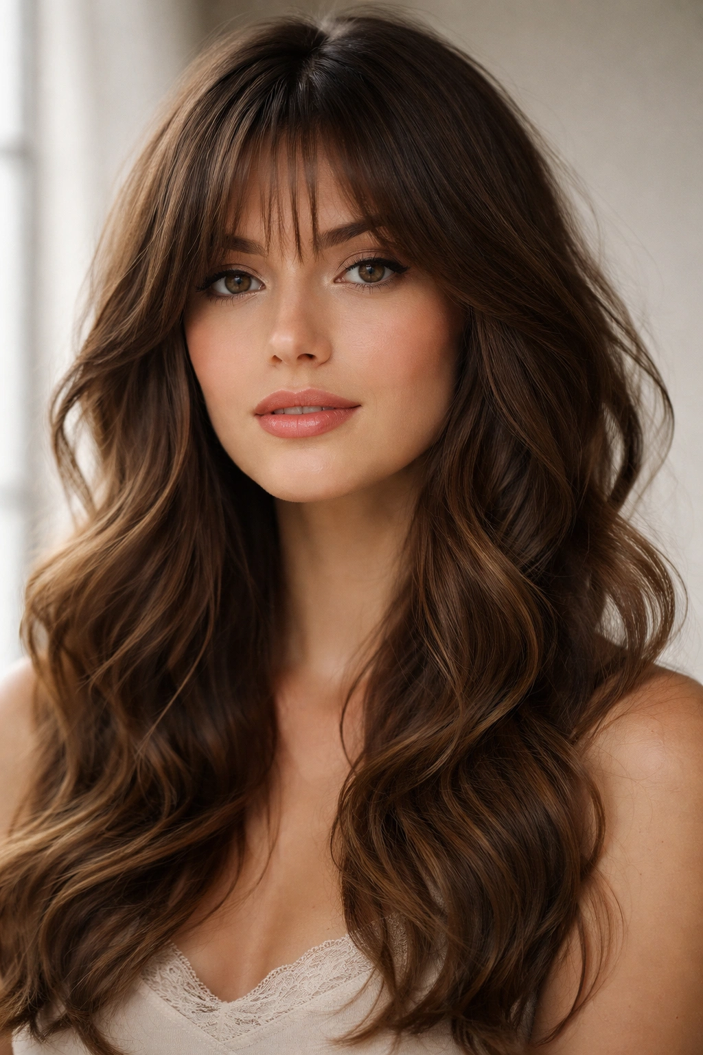Portrait of longer feathered bangs blending into soft waves with natural light.