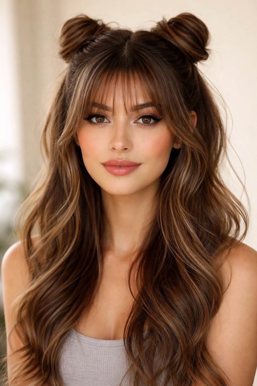 Feathered bangs with half-up space buns and loose strands
