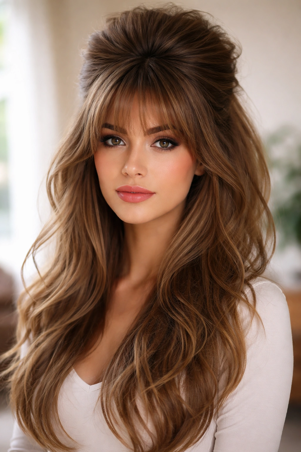 Feathered bangs with voluminous teased half-up hairstyle in studio