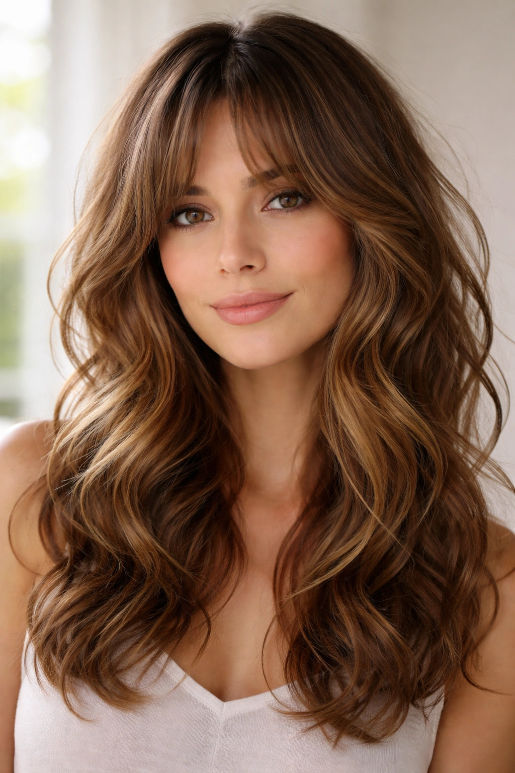 Close-up of feathered curtain bangs with tousled waves