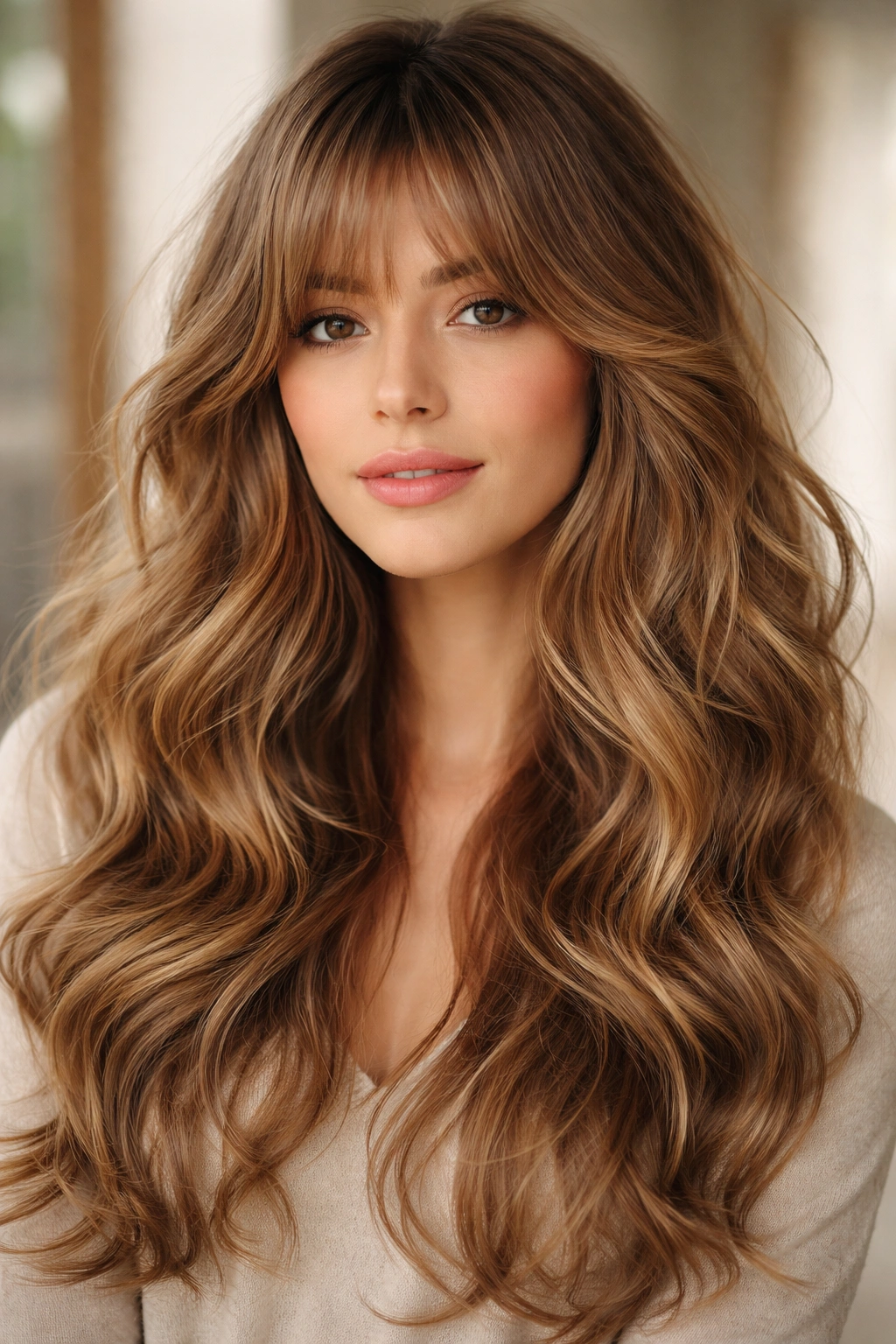 Feathered bangs with romantic waves and soft movement