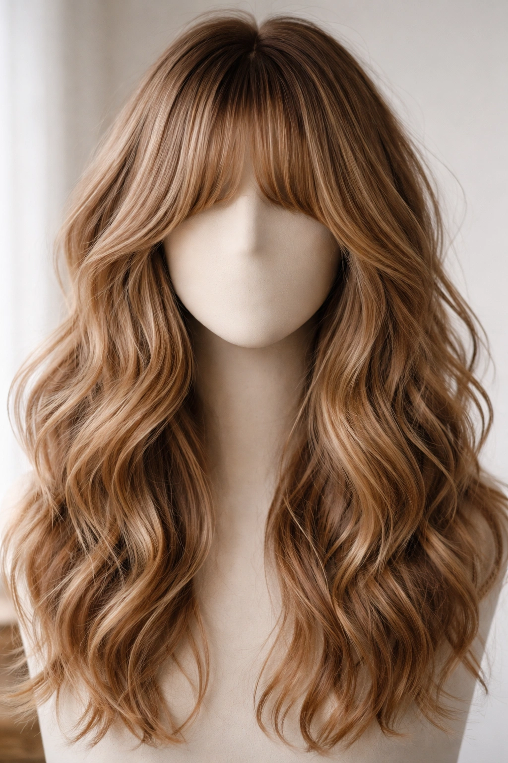 Close-up of feathered long bangs blending into loose waves on a hair display head with soft studio lighting