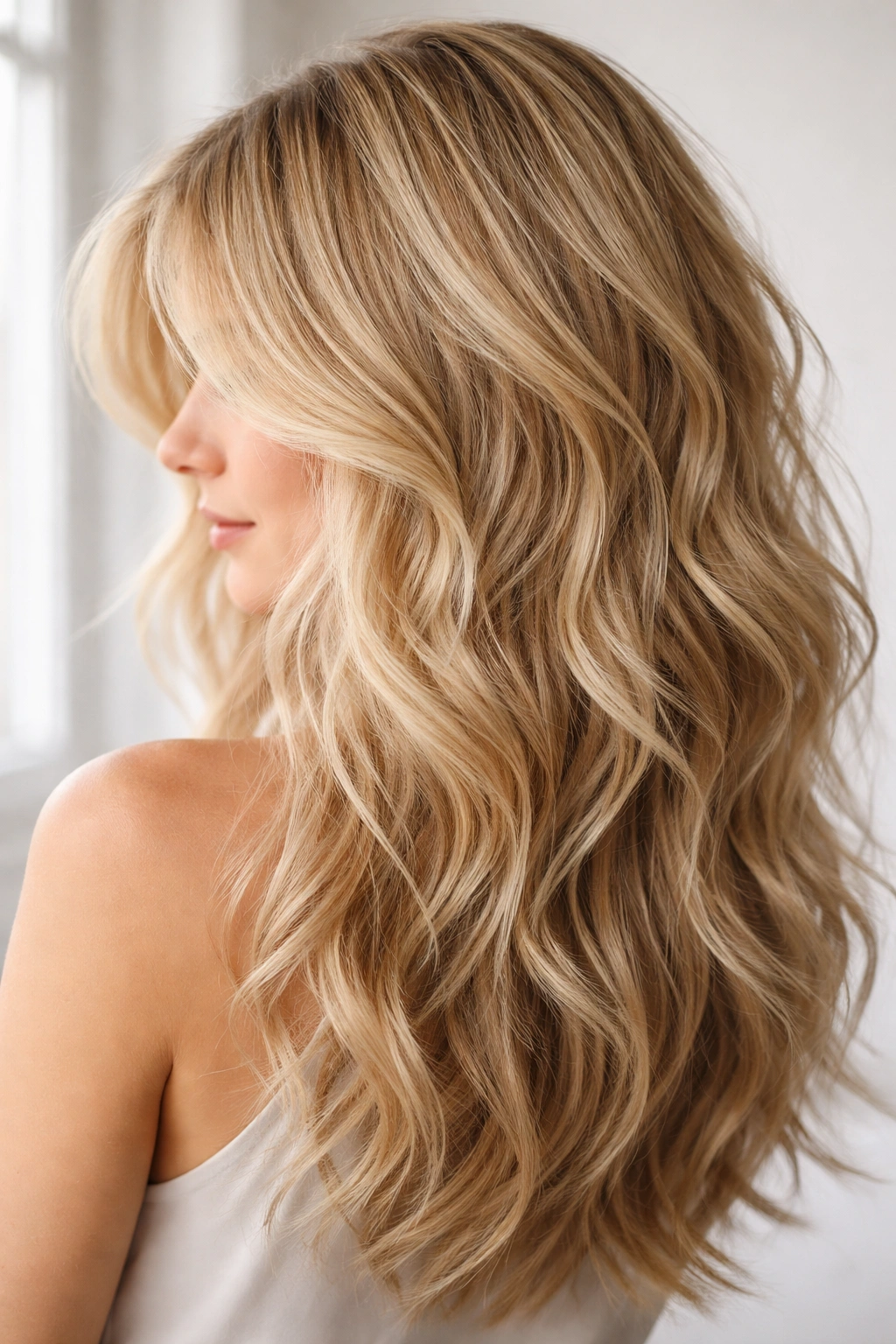 Soft feathered blonde waves with wispy facial layers
