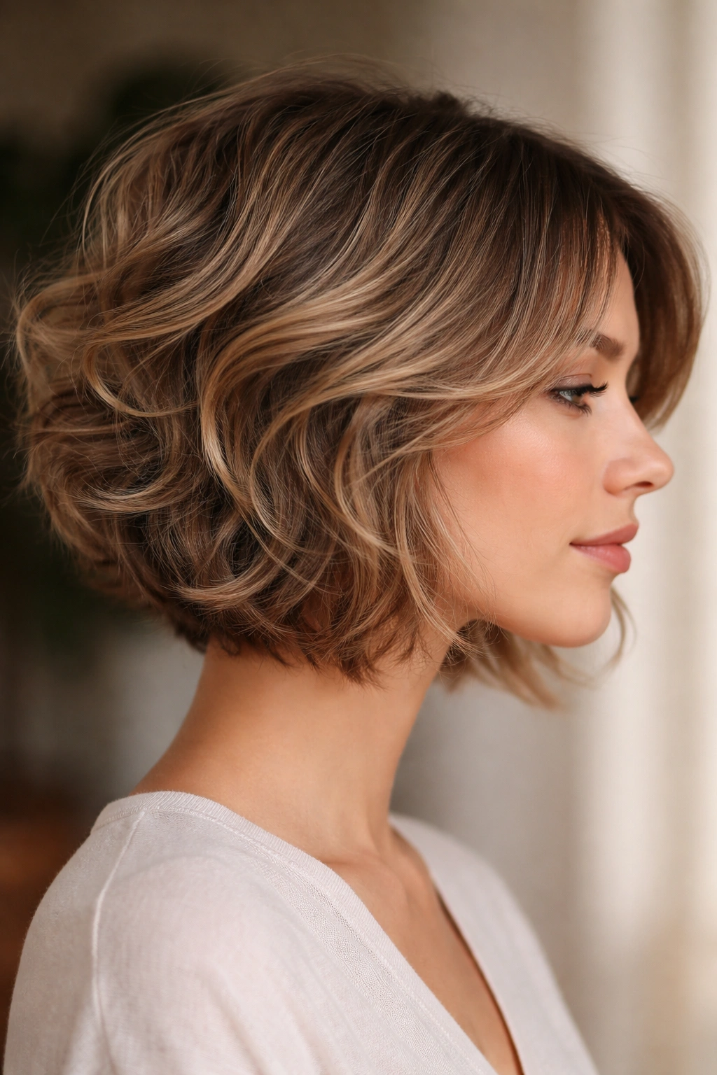 Feathered wavy bob with wing-like temple layers