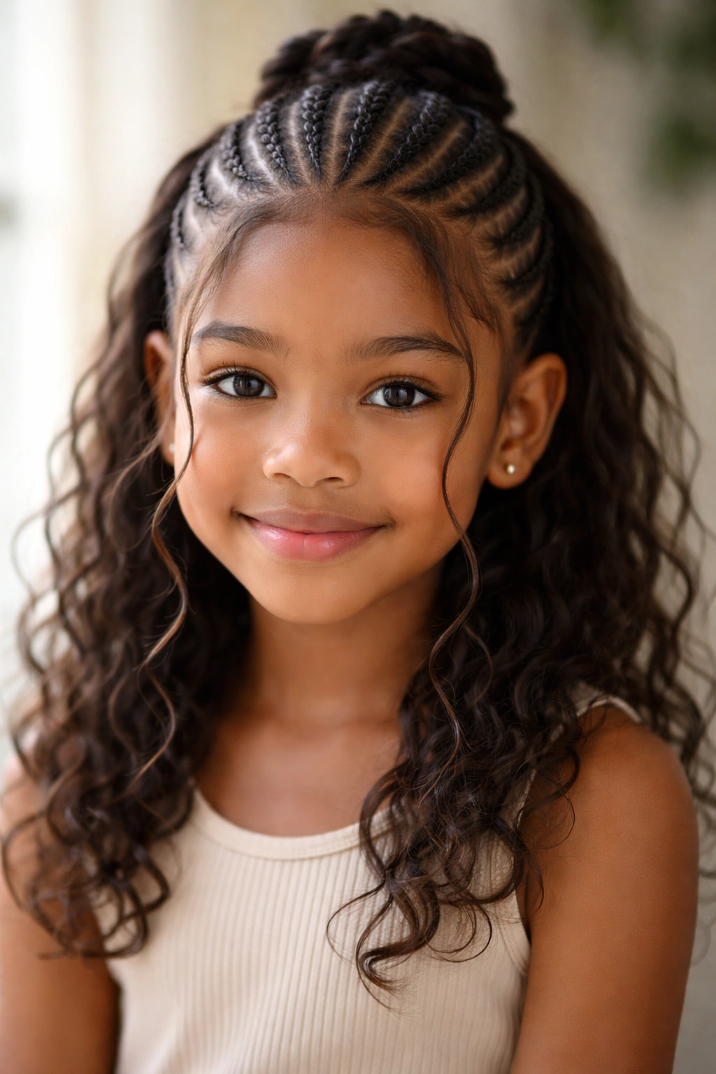Feathered crown cornrows with wispy face-framing pieces on a child.