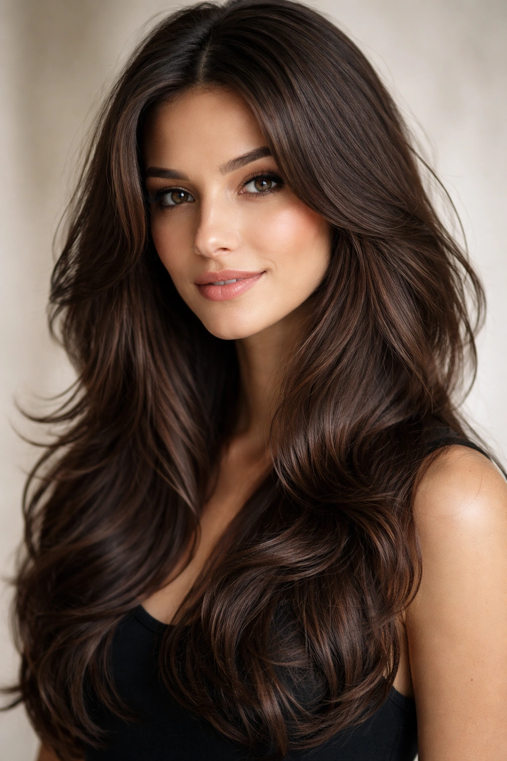 Close-up of brunette with feathered face-frame cut highlighting cheekbone-framing waves