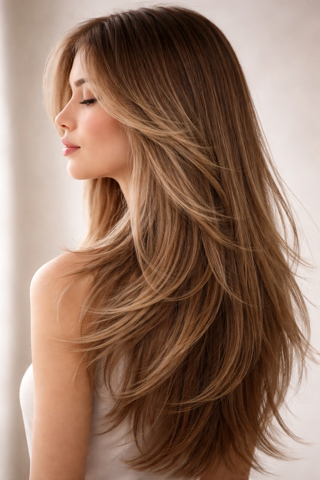 Side profile of long hair with feathered layers catching light