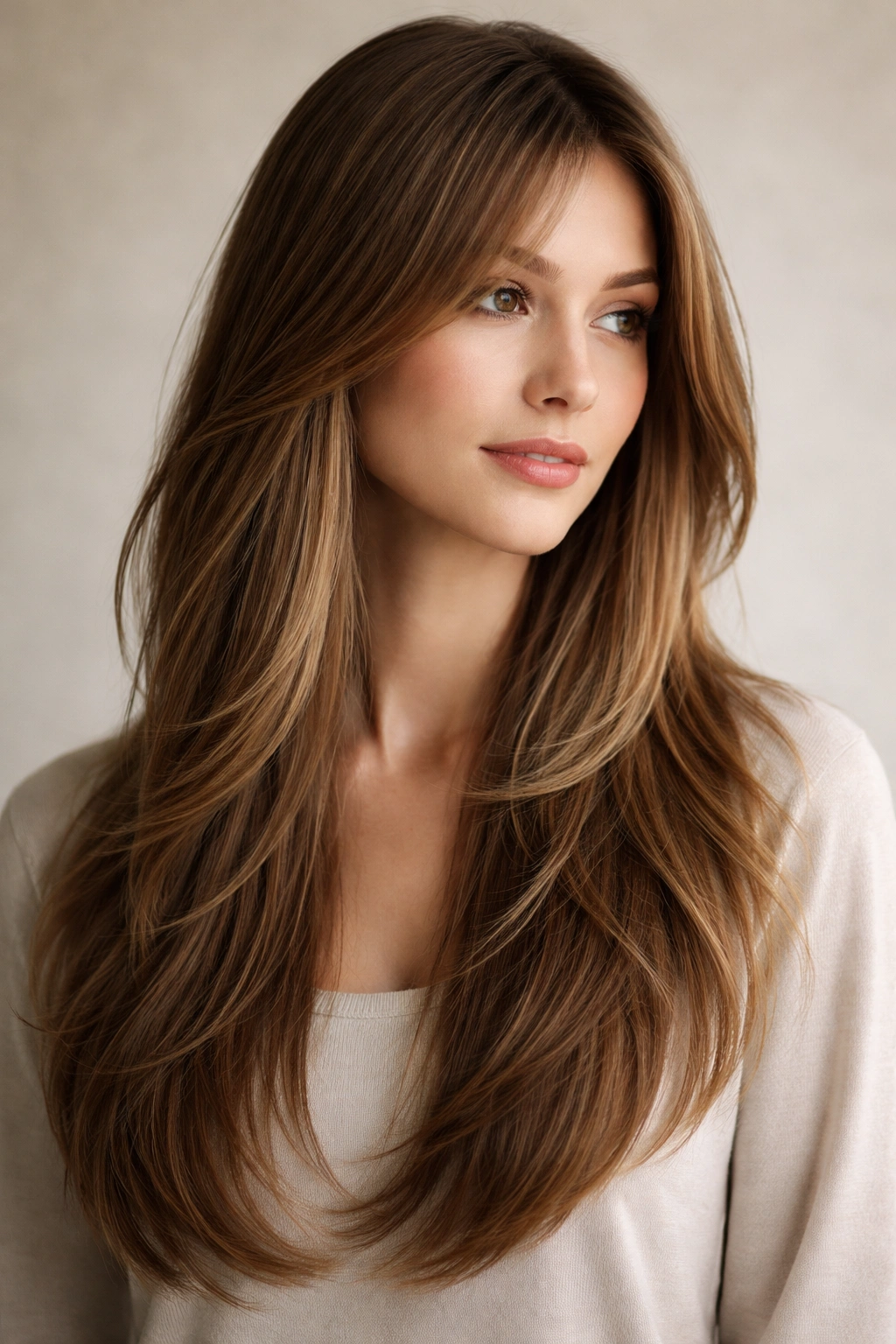 Straight hair with soft feathered layers adding dimension