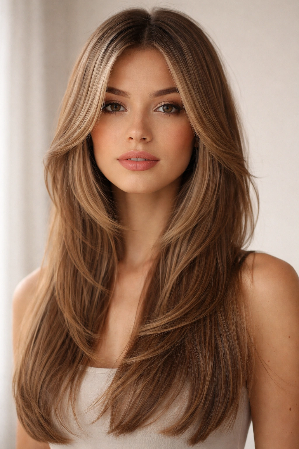 Close-up of straight hair with feathered layers around the cheekbones forming butterfly wings