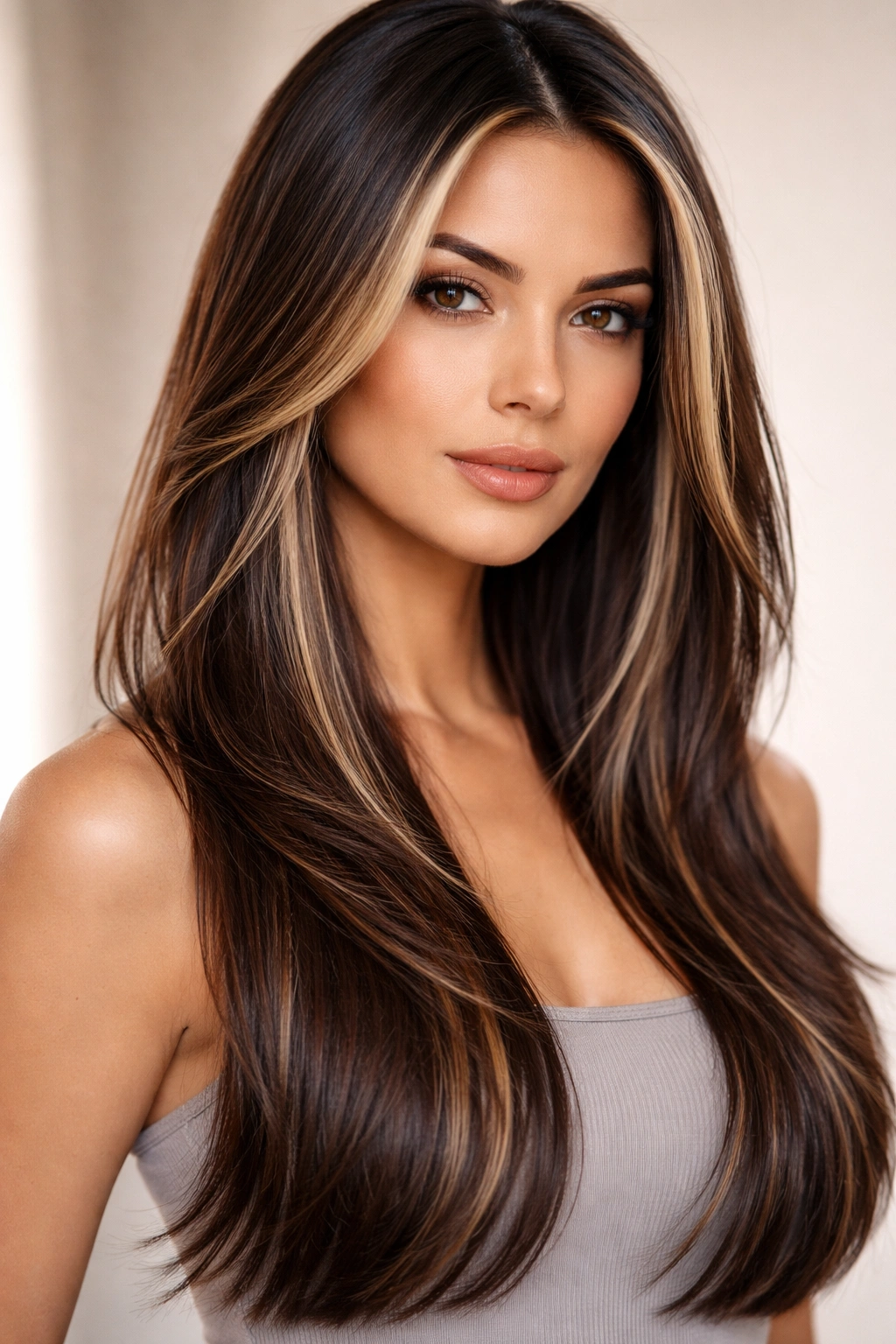 Feathered money piece layers framing the face on straight hair.