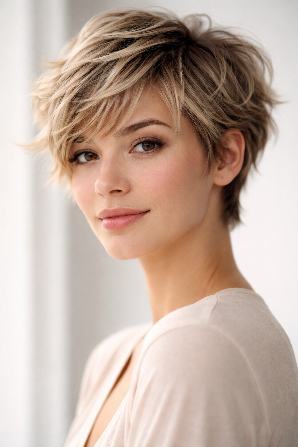 Close-up of a short pixie with longer feathered layers framing the face