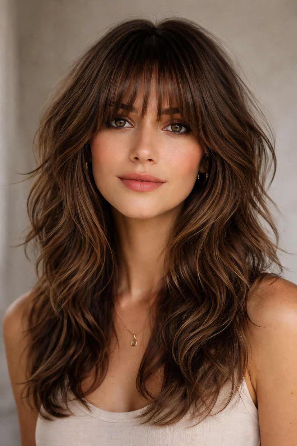 Feathered shag with bangs showing soft, angled feathered ends on wavy hair