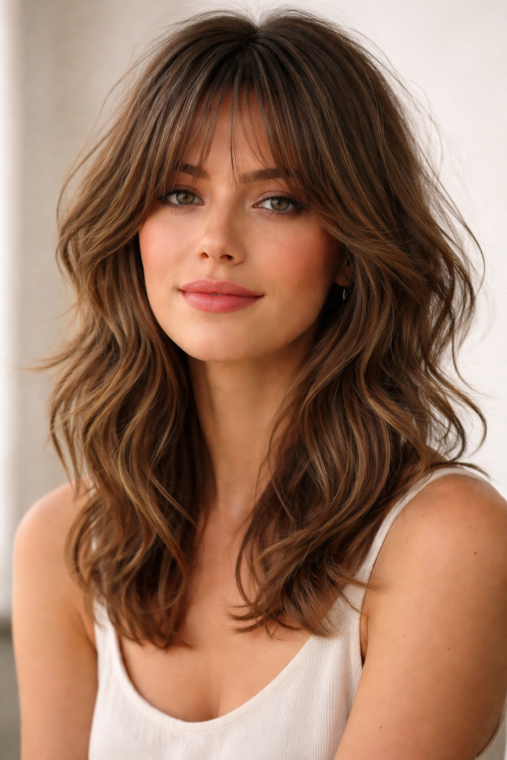 Shoulder-length feathered shag with soft, feathered ends and natural waves.