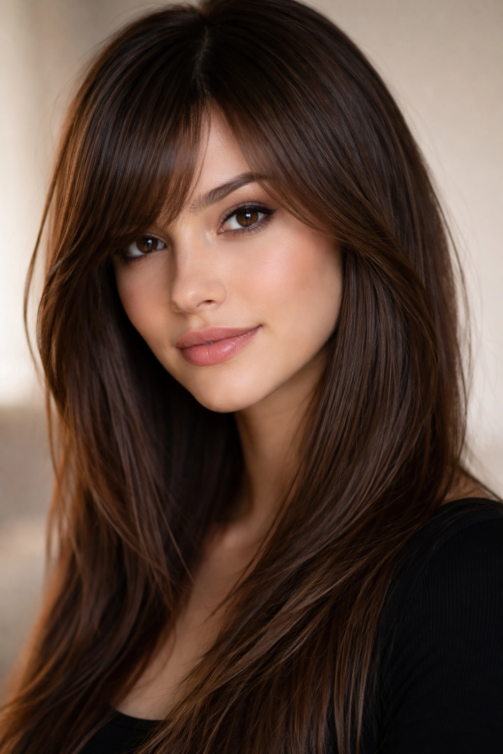 Close-up portrait of feathered side bangs with layered lengths on straight hair.