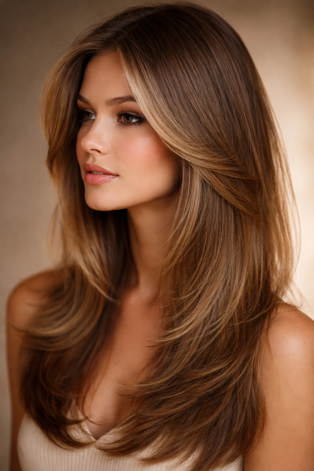 Portrait of a person with long straight hair featuring center part and feathered layers.