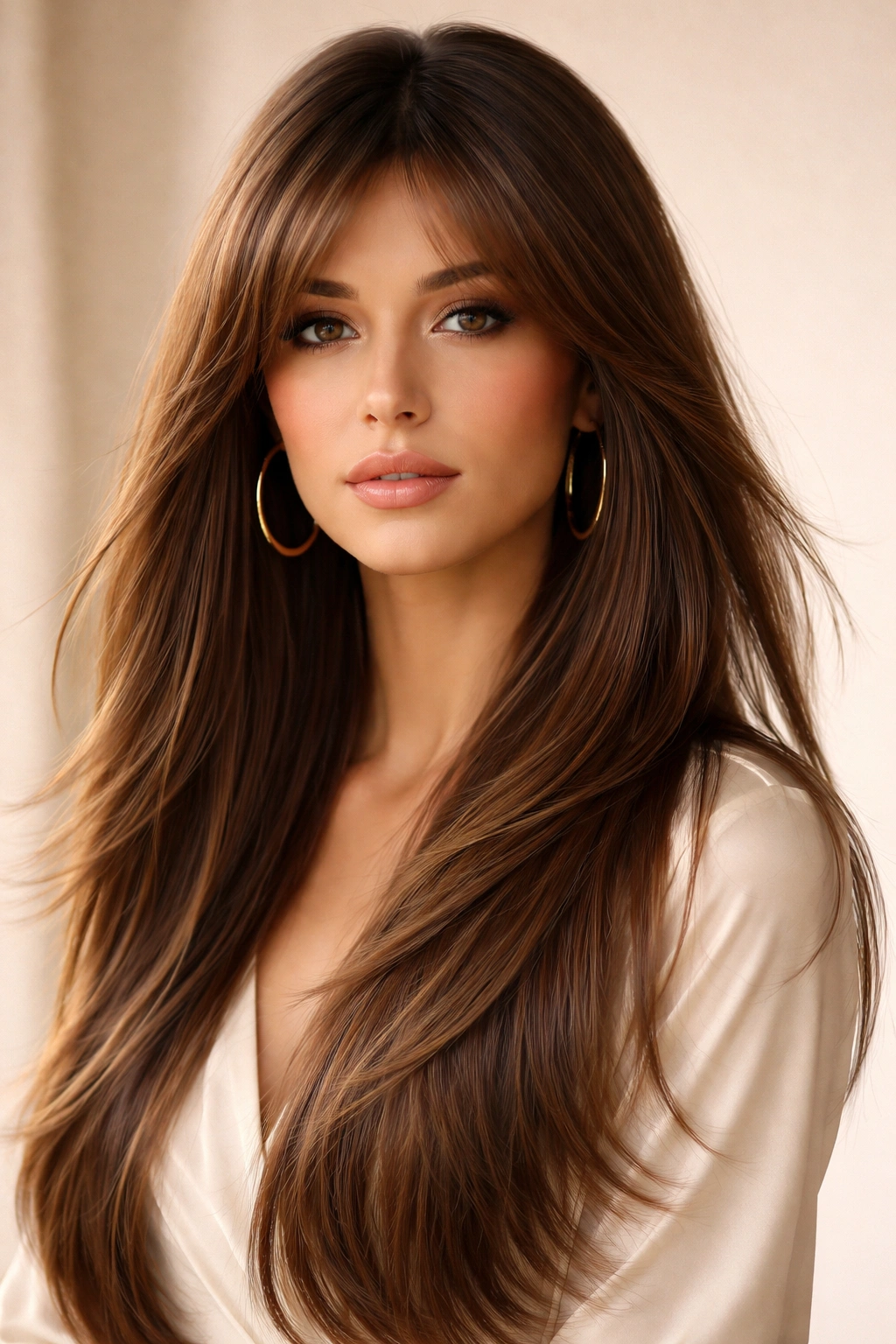 Close-up of long straight hair with feathered layers catching light