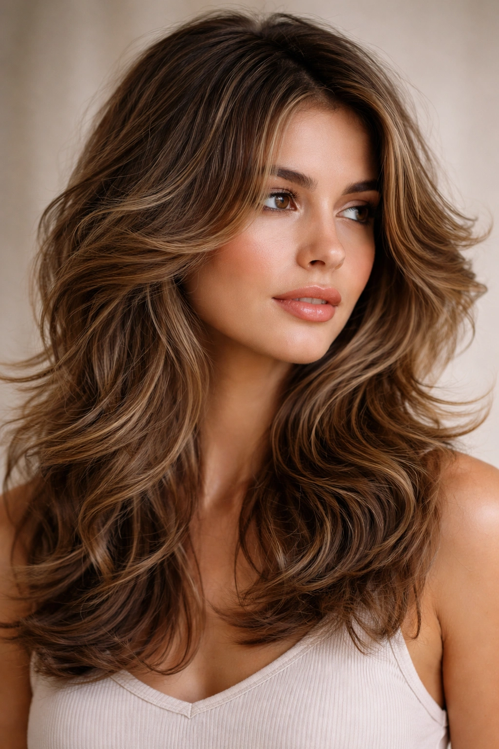 Feathered layers with outward flipping ends creating a light, textured wave