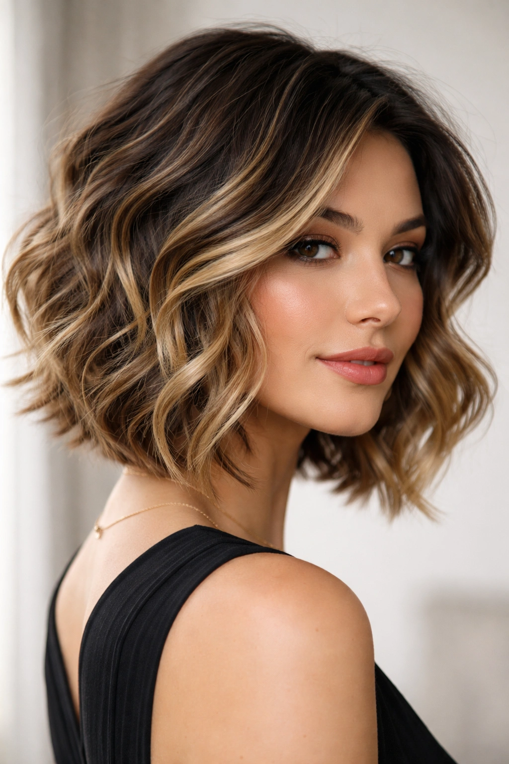 Close-up of feathered waves with dimensional balayage on a model's hair