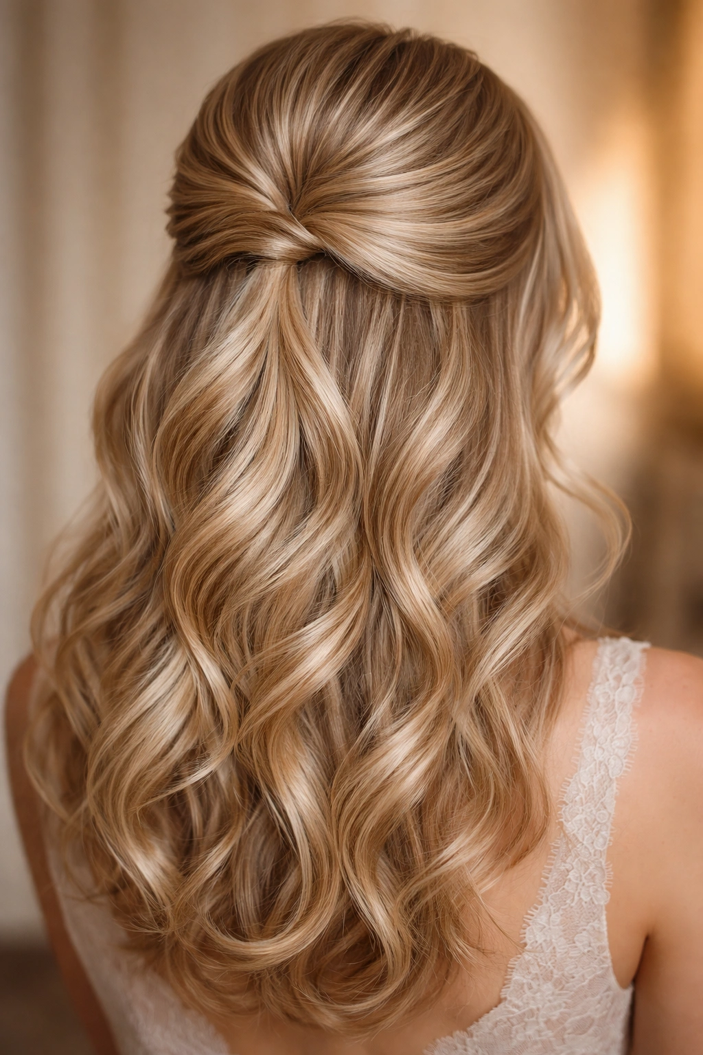 Close-up of feathered waves half up half down hairstyle on fine hair with volume