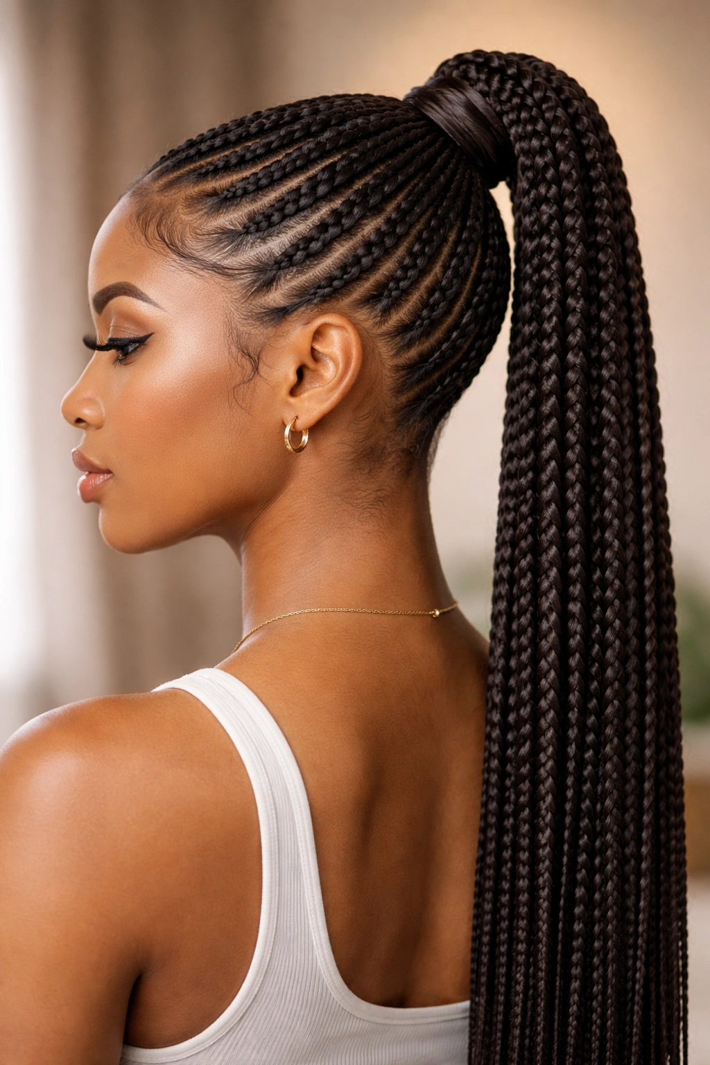 Seamless feed-in box braid ponytail from back view