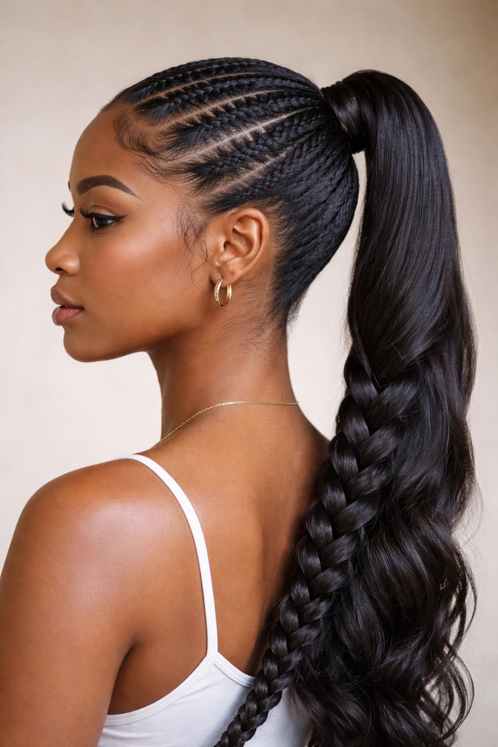 Feed-in braid gradually thickening into a ponytail
