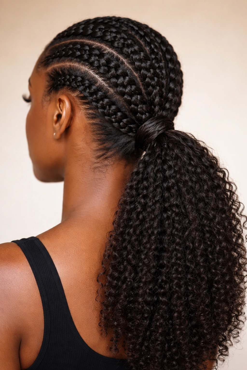 Close-up of feed-in braided ponytail with crown-to-nape braid and secure low ponytail