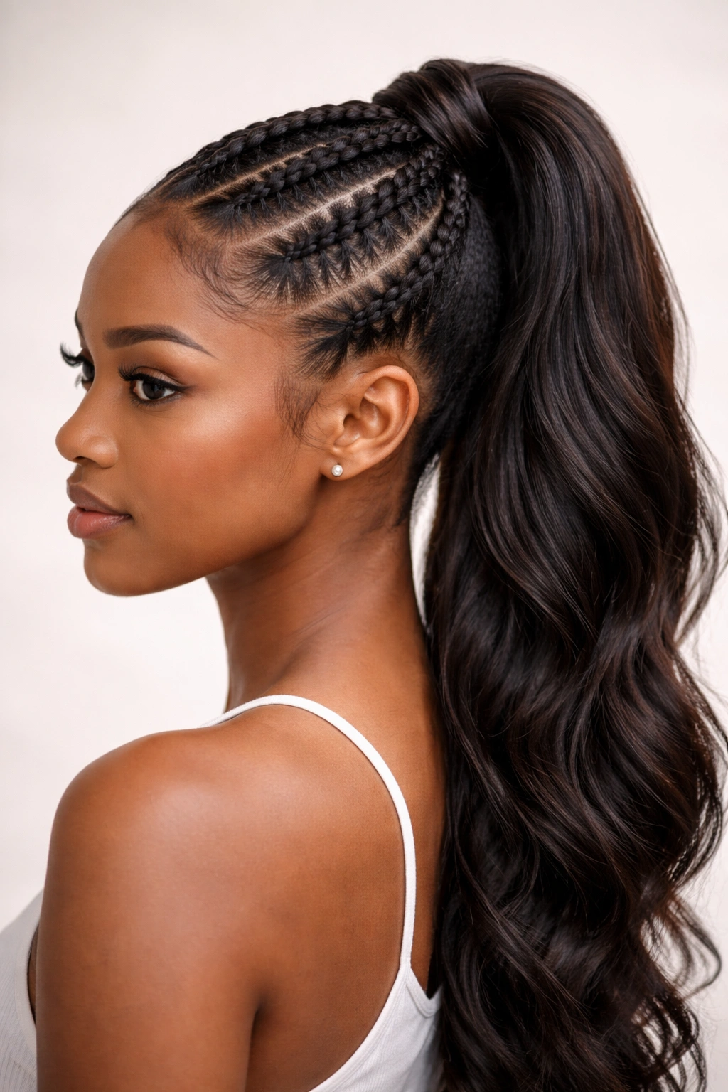 Side view of a feed-in braid ponytail showing seamless blend between natural hair and extensions