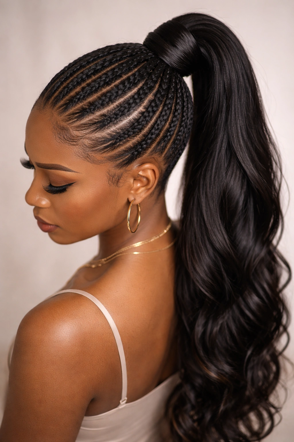 Feed-in braid ponytail with braids feeding into a central weave ponytail