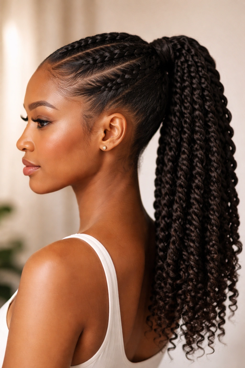 Feed-In Braid to Twist Ponytail with braided hairline transitioning to twists