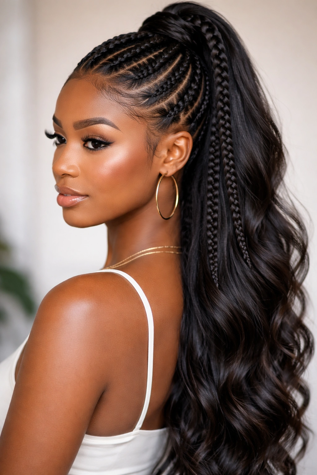 Portrait of a Black woman with a sleek feed-in braids half updo