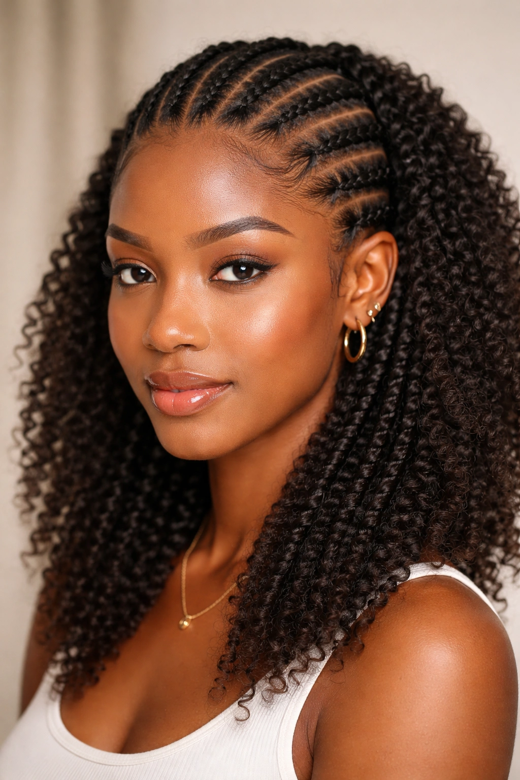 Close-up of tapered feed-in braids on coily hair showing natural scalp-to-braid transition