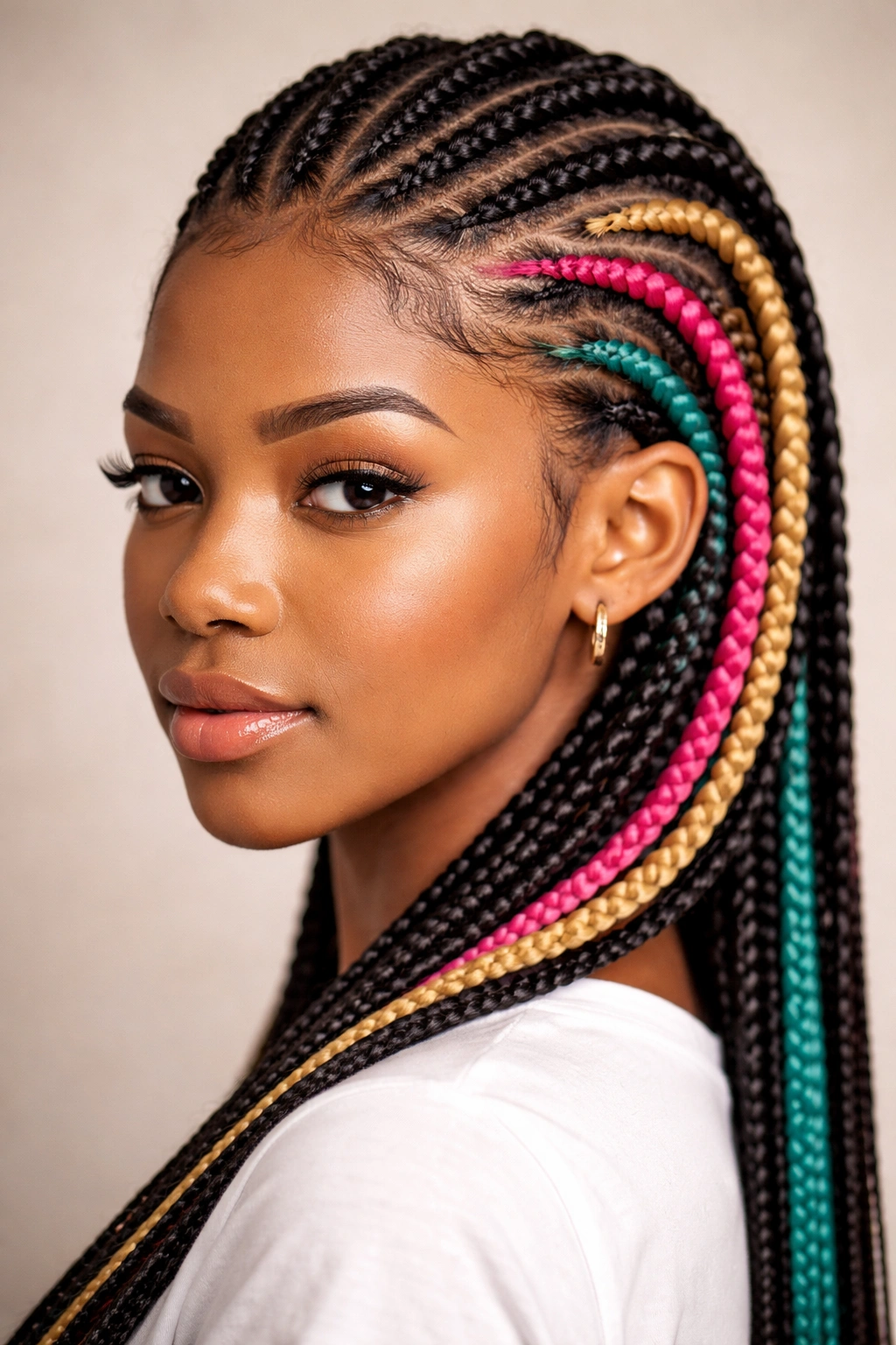 Feed-in braids with color-blocked sections on short hair