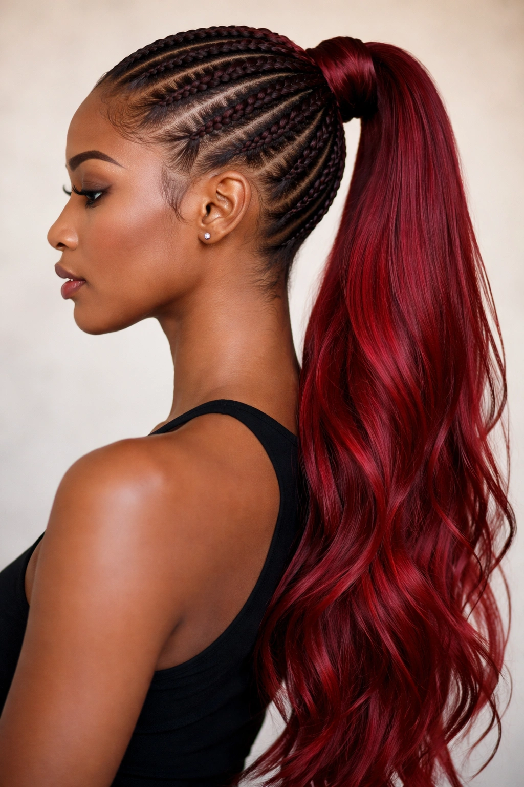 Feeding-in braids along scalp leading into flowing red ponytail