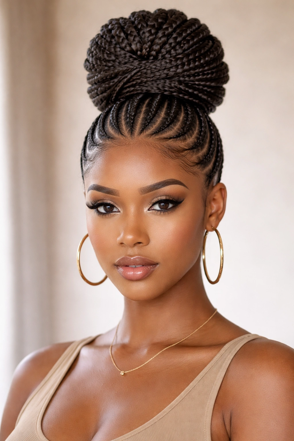 Close-up of numerous thin feed-in braids with extensions forming a large bun
