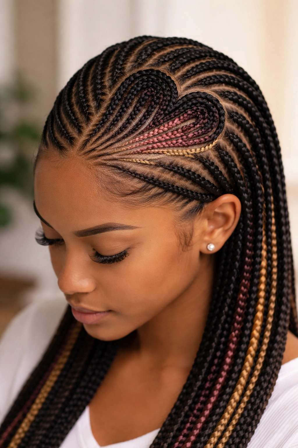 Small feed-in braids with a gradient heart crown created by contrasting thread