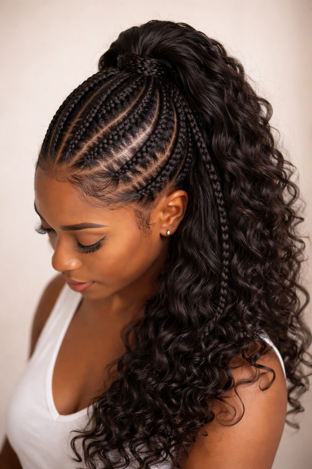 Feed-in braids half-up style with multiple thin braids converging at crown
