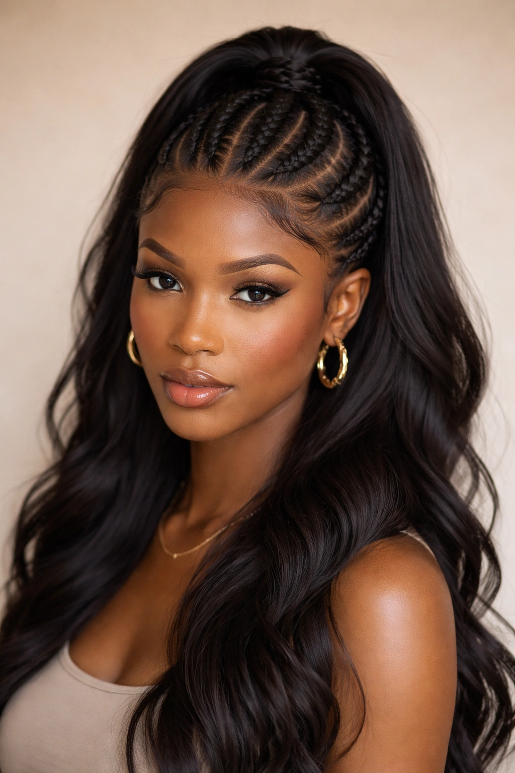 Close-up of feed-in braids half up hairstyle with loose lower hair