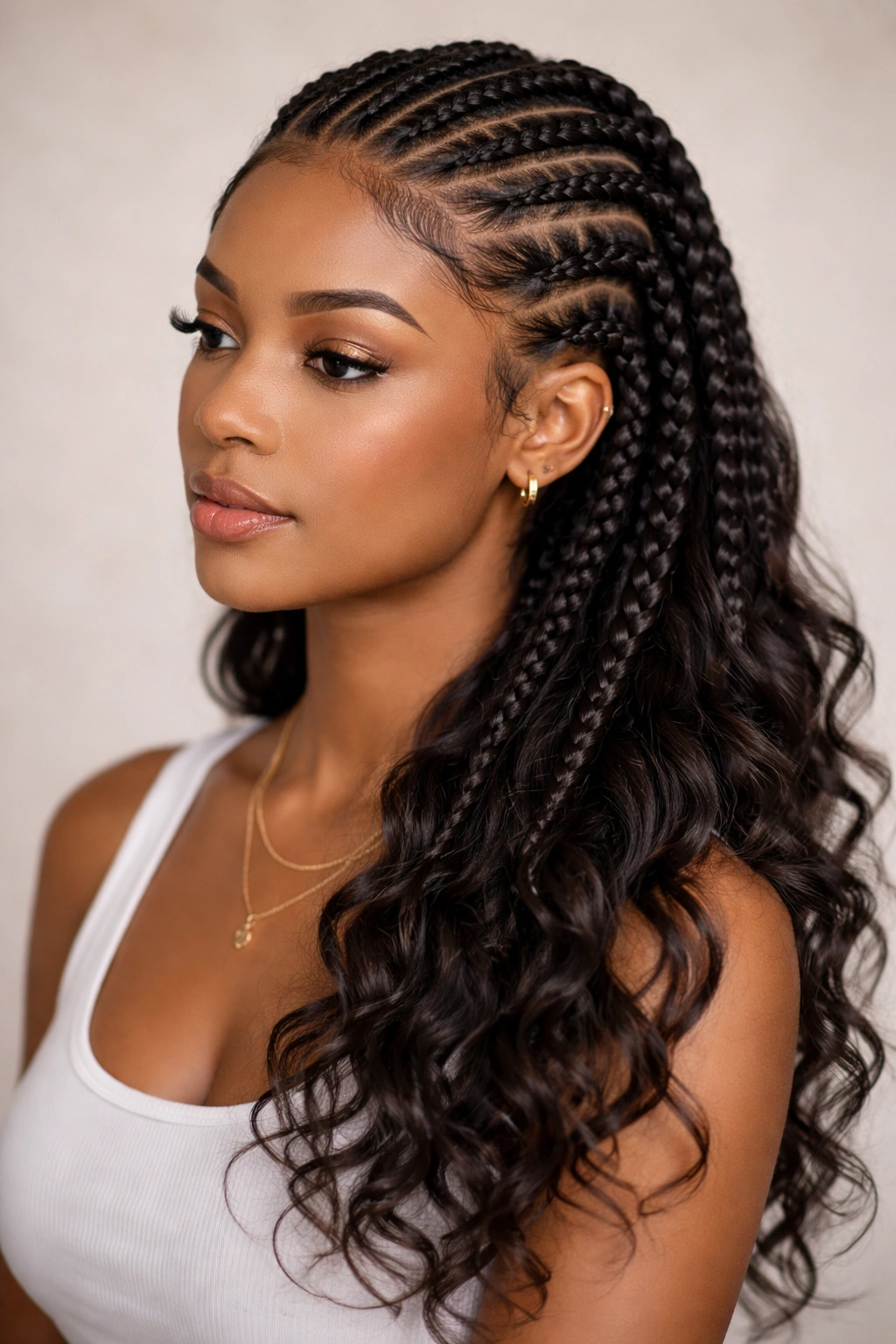 Feed-in braids ending with loose, wavy ends.