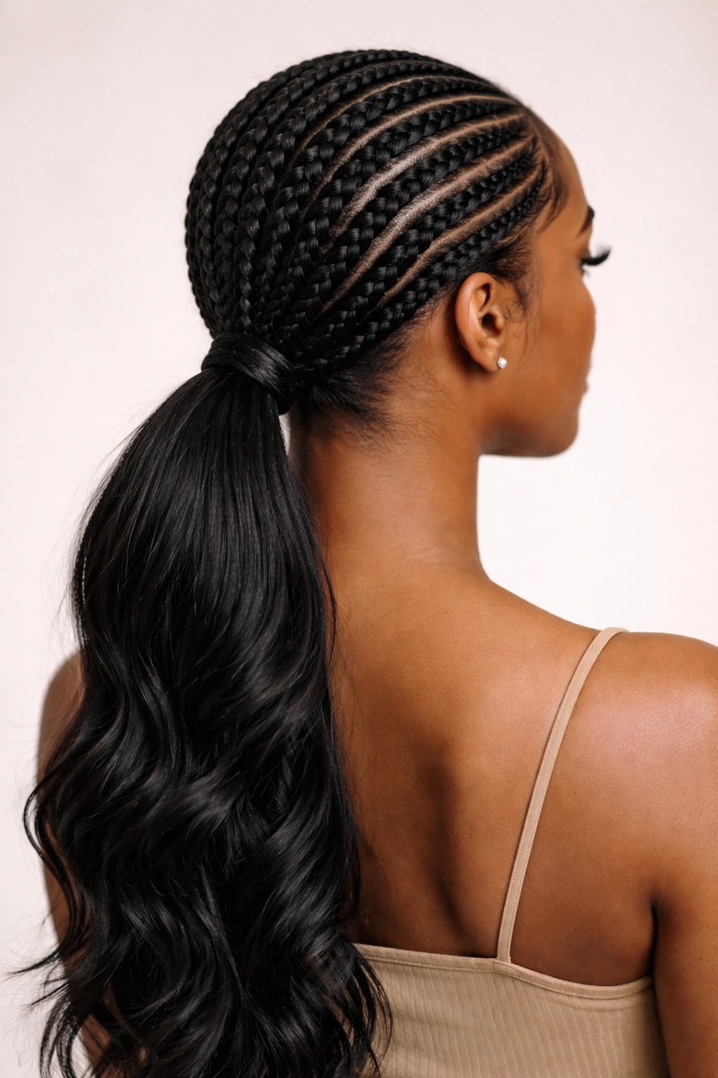 Back view of feed-in braids forming a low ponytail with seamless scalp blend