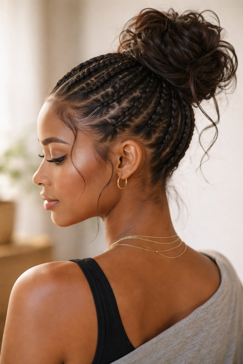 Feed-in braids gathered into a messy high bun