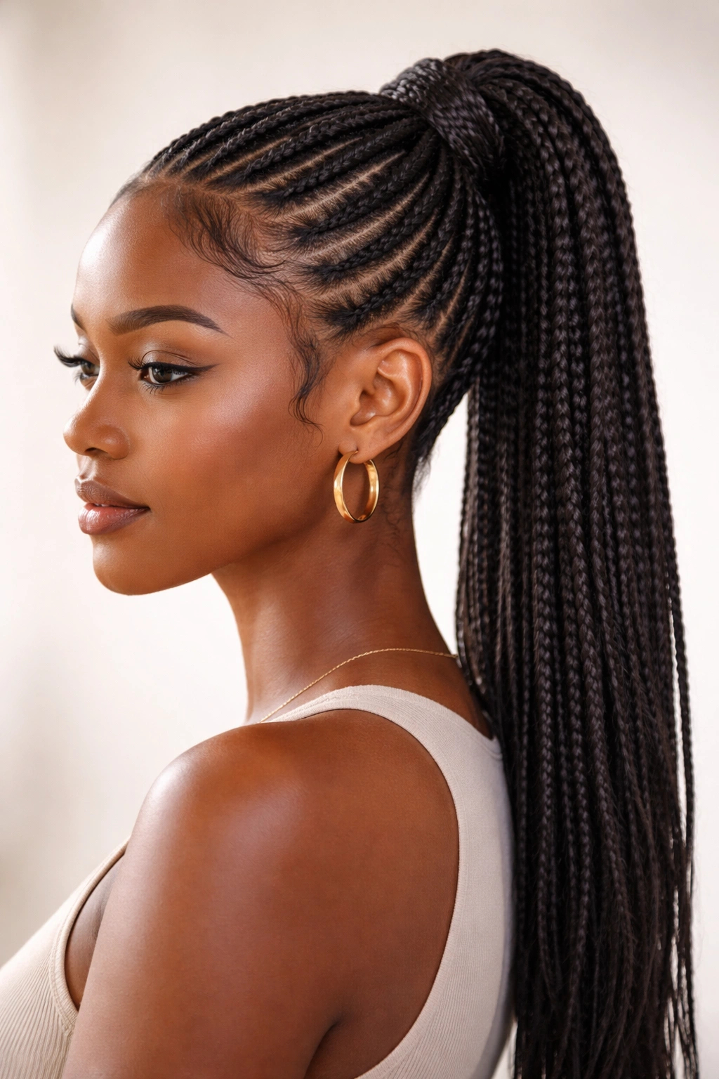 Feed-in braided ponytail with blended natural hair and extensions.