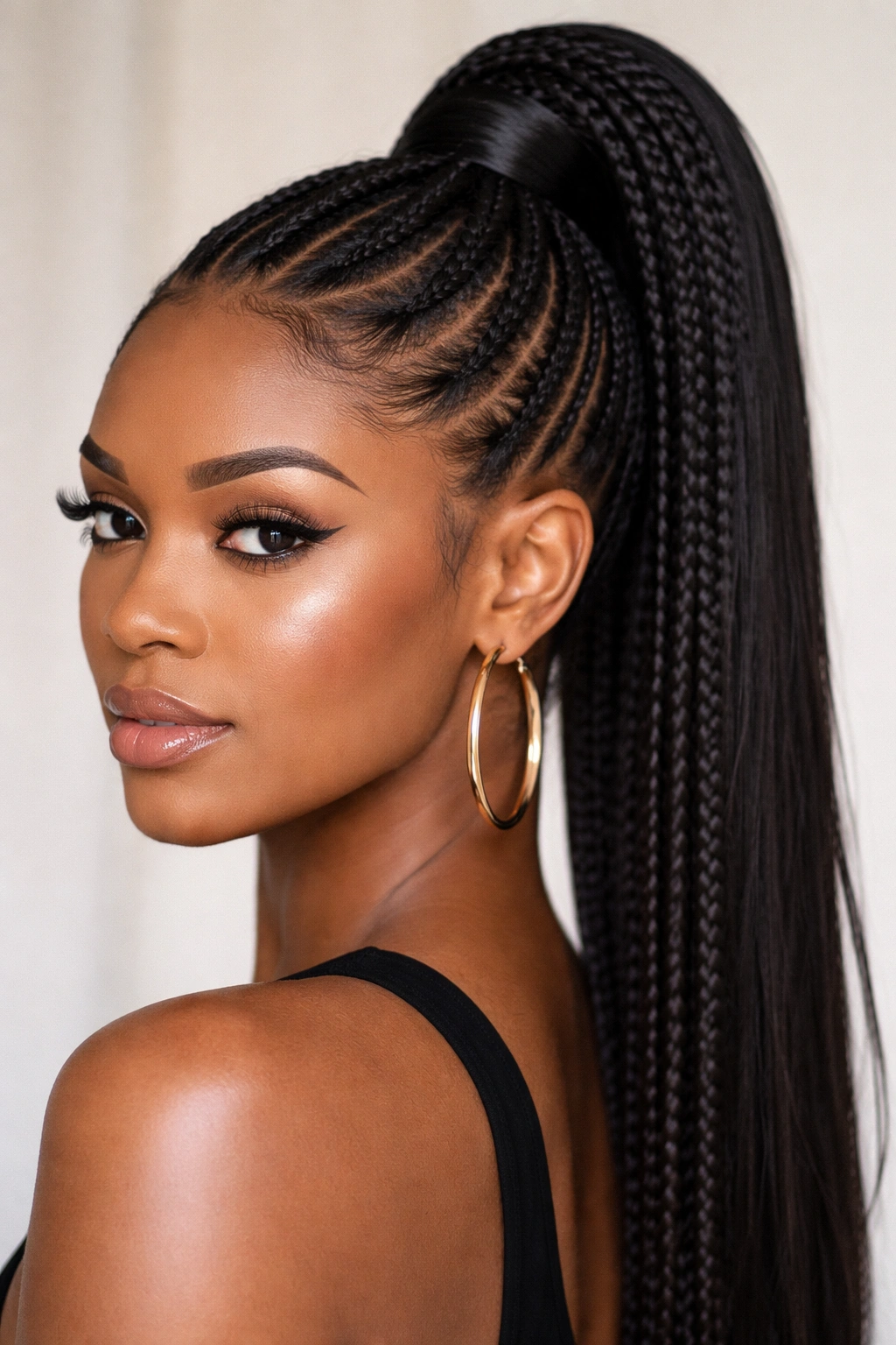 High ponytail framed by sleek feed-in braids around the hairline