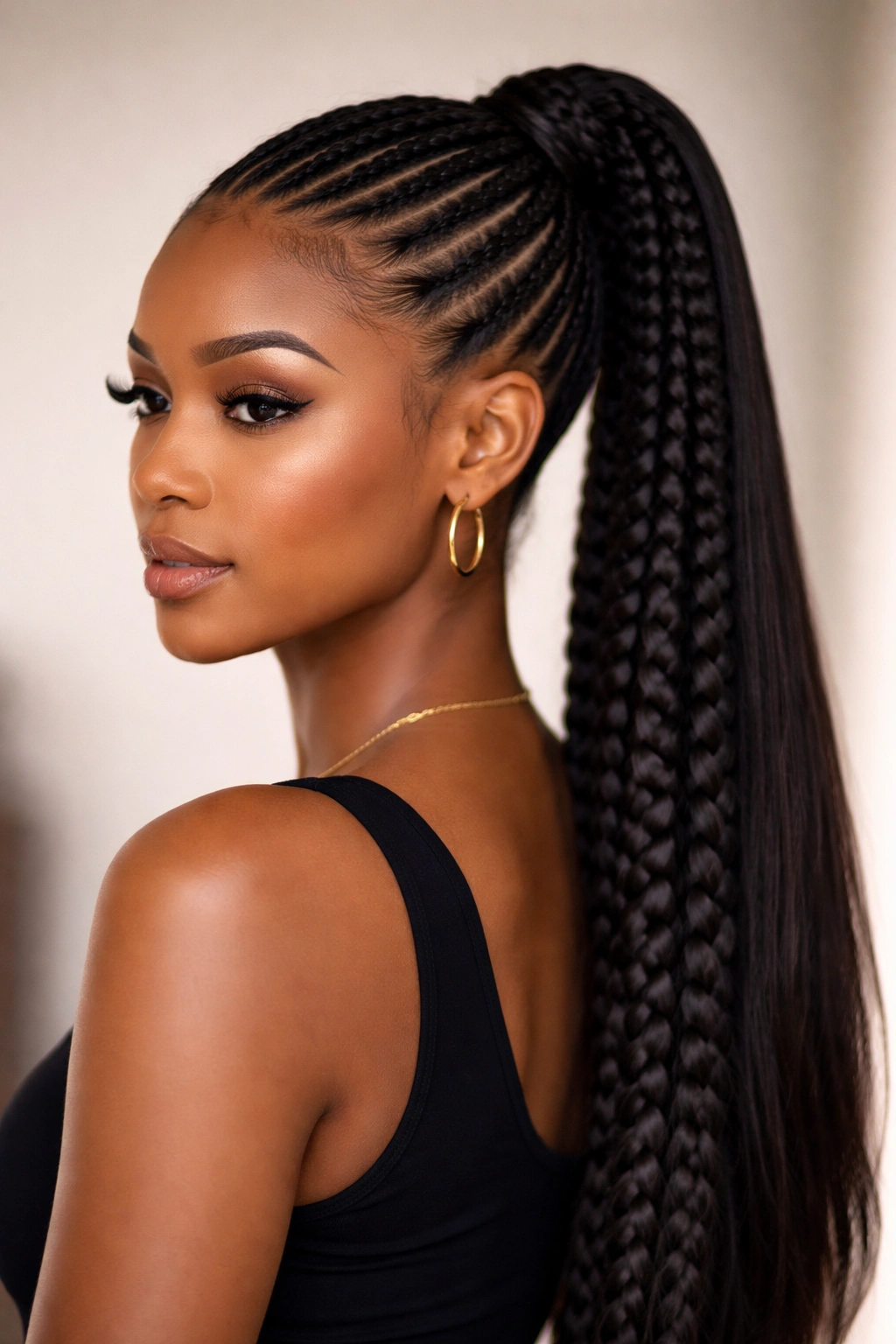 Feed-In Braid Ponytail showing braids thickening toward the ponytail