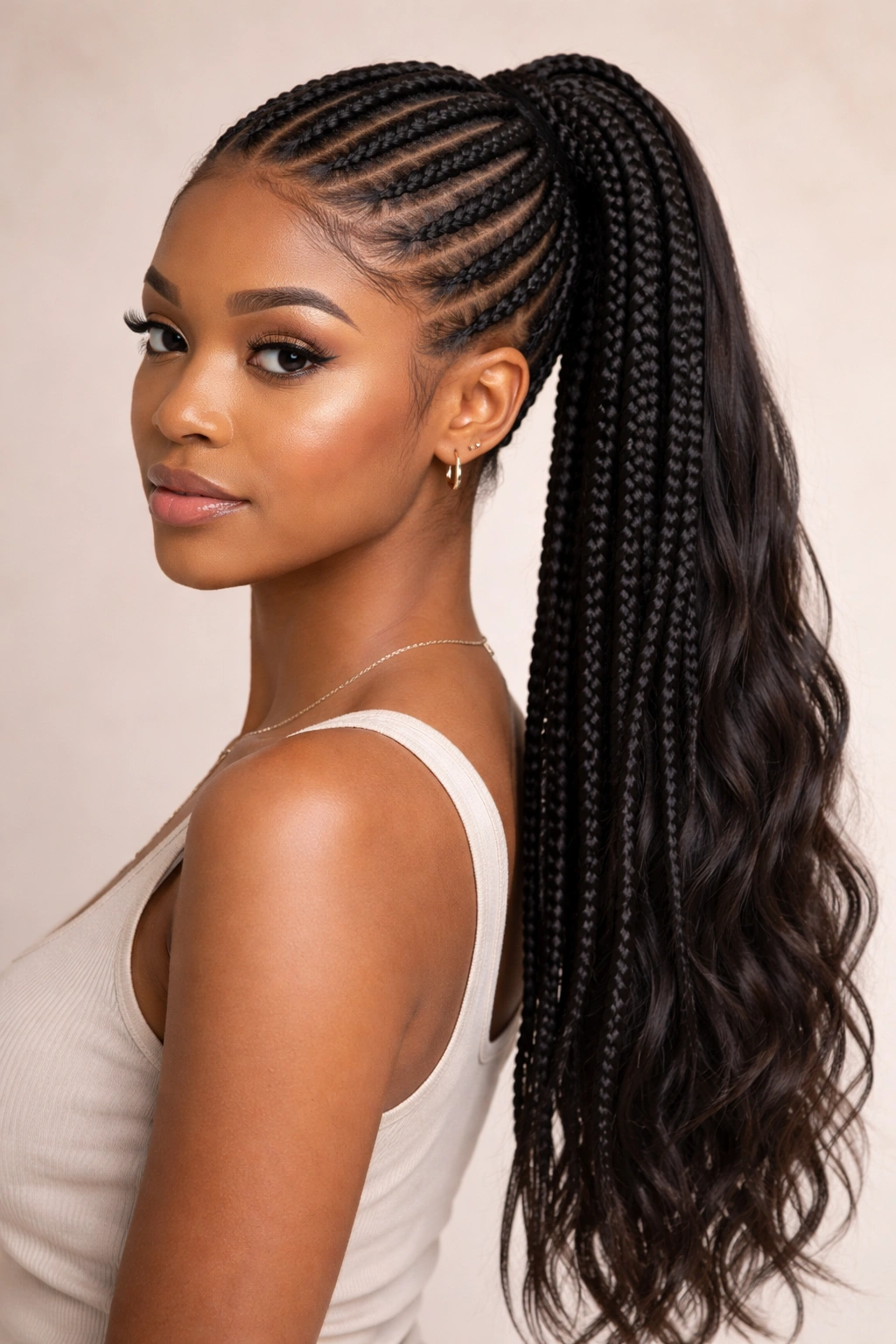 Cornrows with synthetic extensions forming a long ponytail